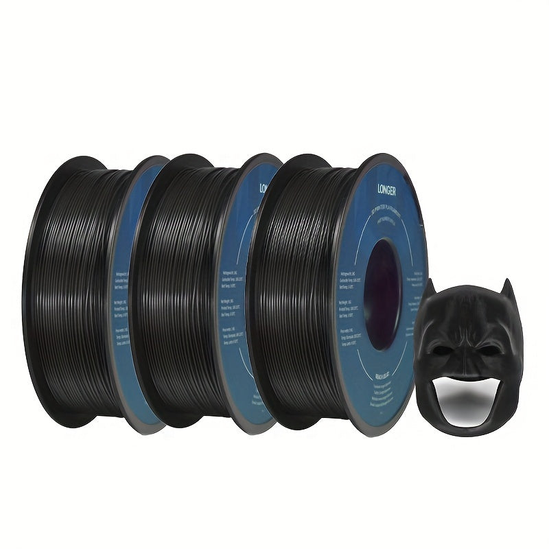 LONGER 3kgs 6.6LB PLA Black 3 Rolls (1KGS 2.2LB Per Roll) 3d Printing Filament, 1.75mm, For All 3d Printers or 3d Printing Pens