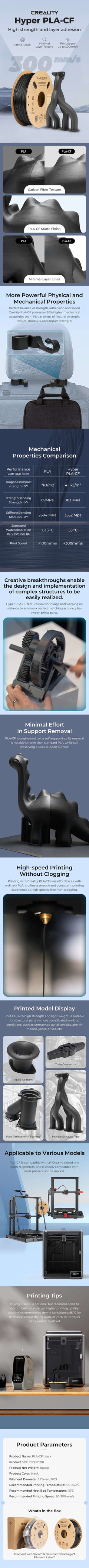 Creality Hyper PLA-CF Filament 1.75mm High Speed 300mm/s Matte Finish Upgrade 3D Printer Filament 1KG